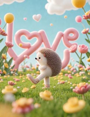 The primary subject of the image is a small, cute hedgehog walking through a field of flowers. The setting is a lush, colorful garden with a variety of flowers, including pink and yellow ones. The visual style is a digital art or illustration, creating a whimsical and charming atmosphere. The dominant colors are pink, yellow, and green, with the hedgehog being predominantly white. The overall mood of the image is cheerful and delightful.