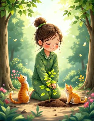 The primary subject of the image is a young girl sitting on the ground, surrounded by a forest setting. She is holding a small tree in her hands, and there are two cats nearby, one on her left and the other on her right. The visual style of the image is an illustration, with a focus on the girl, the tree, and the cats. The colors and mood of the image are warm and serene, with the girl and the cats creating a sense of companionship and harmony with nature.