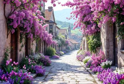 The primary subject of the image is a narrow alleyway lined with purple flowers and trees. The setting is a quaint village with a charming atmosphere. The visual style is a photo, capturing the beauty of the alley and the surrounding environment. The colors and mood are predominantly purple, creating a serene and peaceful ambiance.