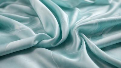 The primary subject of the image is a blue sheet of fabric. The setting is a bed, with the blue fabric covering the surface. The visual style is a close-up of the fabric, showcasing its texture and color. The dominant colors are blue and white, creating a calm and soothing atmosphere.