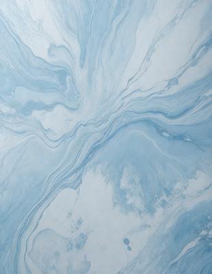 The primary subject of the image is a blue and white swirling pattern, which appears to be a painting or a digital artwork. The setting is a white wall, and the visual style is a combination of painting and digital art. The dominant colors are blue and white, creating a calming and serene atmosphere.