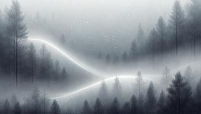 The primary subject of the image is a long, curved line that appears to be a light source, possibly a lightning bolt or a streak of light. The setting is a forest with trees and a sky background. The visual style is a combination of a photo and digital art, creating a unique and artistic representation of the scene. The colors and mood of the image are predominantly dark, with the light source adding a touch of brightness and contrast to the otherwise gloomy atmosphere.