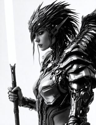 The primary subject of the image is a woman dressed in a futuristic costume, holding a light-colored staff. She is wearing a helmet and has a bird-like appearance. The setting is a white background, which provides a clean and minimalistic look to the image. The visual style is a combination of digital art and illustration, creating a unique and intriguing scene. The colors in the image are predominantly white and gray, giving the image a futuristic and high-tech atmosphere.