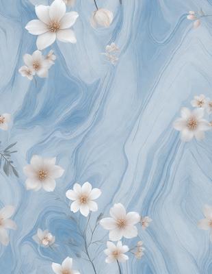 The primary subject of the image is a close-up of a flower, with a focus on its petals and details. The setting is a blue and white background, which adds a sense of depth and contrast to the image. The visual style is a combination of a photo and digital art, creating a realistic yet artistic representation of the flower. The dominant colors are white and blue, giving the image a clean and calming atmosphere.