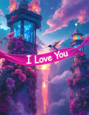 The primary subject of the image is a heart-shaped banner with the words "I Love You" written on it. The setting is a beautiful, colorful, and whimsical environment, featuring a castle-like structure with a clock tower and a bird perched on top. The visual style is a combination of digital art and illustration, creating a vibrant and imaginative scene. The colors and mood of the image are predominantly pink and purple, evoking feelings of love, warmth,