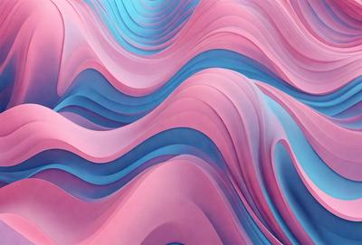 The primary subject of the image is a large, colorful, and abstract painting. The painting features a mix of pink, blue, and purple colors, creating a vibrant and lively atmosphere. The setting is a wall, and the visual style appears to be a combination of digital art and illustration. The painting's colors and mood evoke a sense of energy and creativity.
