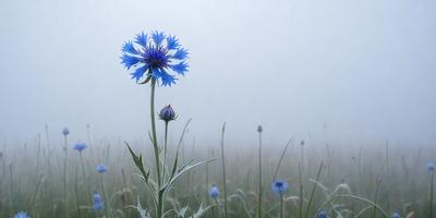 Primary subject: A single blue flower with a green stem, standing in a field of grass.

Setting/background: The flower is surrounded by a field of grass, and there is a foggy, misty atmosphere in the background.

Visual style: The image is a photo of the flower in its natural environment.

Colors and mood: The dominant colors are blue and green, with a slightly misty and serene atmosphere.