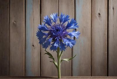 The primary subject of the image is a single blue flower, which is placed in a vase. The setting is a wooden wall, and the visual style appears to be a photo. The dominant colors in the image are blue and purple, creating a calm and serene atmosphere.
