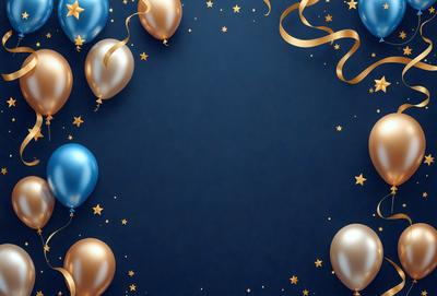 The primary subject of the image is a blue background with gold stars and balloons. The setting is a dark blue background, and the visual style is a combination of digital art and illustration. The colors and mood of the image are predominantly dark blue and gold, creating a sense of celebration and festivity.