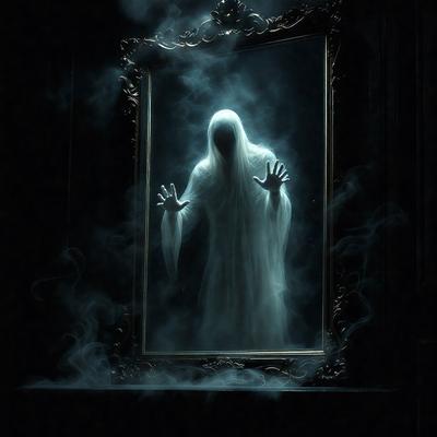 The primary subject of the image is a ghostly figure, possibly a woman, with long hair and a flowing white dress. The ghost is reaching out through a mirror, creating an eerie and mysterious atmosphere. The setting is a dark room, with the mirror reflecting the ghostly figure. The visual style appears to be a combination of a photo and digital art, as the ghostly figure seems to be digitally manipulated or photoshopped. The colors and mood of the image are predominantly dark