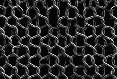 The primary subject of the image is a chain link fence. The setting is a black background, which creates a contrast with the chain link fence. The visual style is a close-up of the chain link fence, showcasing its intricate pattern. The dominant colors are silver and black, giving the image a sleek and modern appearance.