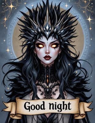 The primary subject of the image is a woman with long black hair, wearing a crown and a black dress. She has a demonic appearance and is looking at the viewer with a menacing expression. The setting is a nighttime scene, with a starry background. The visual style is a digital art illustration, featuring a detailed and intricate design. The colors and mood of the image are dark and eerie, creating a sense of mystery and danger.