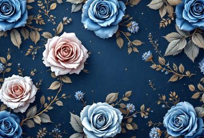 The primary subject of the image is a close-up of a blue rose. The setting is a blue background, which creates a striking contrast with the blue rose. The visual style is a digital art or illustration, showcasing the intricate details of the rose. The dominant colors are blue and white, giving the image a calm and serene atmosphere.