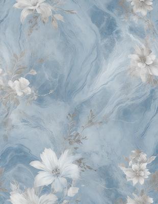 The primary subject of the image is a blue and white floral pattern. The setting is a blue background, and the visual style appears to be a combination of photo and digital art. The dominant colors are blue and white, creating a calm and serene atmosphere.