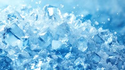 The primary subject of the image is a large pile of blue ice crystals. The setting is a blue background, which creates a striking contrast with the ice crystals. The visual style is a close-up of the ice crystals, showcasing their unique and intricate patterns. The colors and mood of the image are predominantly blue, giving it a cool and refreshing atmosphere.