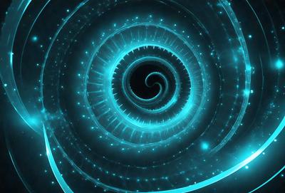 The primary subject of the image is a spiral-shaped tunnel with a blue light illuminating it. The tunnel appears to be a futuristic, high-tech design. The setting is a dark, enclosed space, and the visual style is a combination of digital art and illustration. The dominant colors are blue and purple, creating a sense of depth and mystery in the scene.