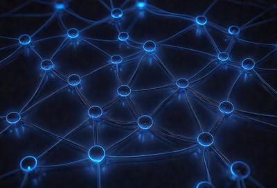The primary subject of the image is a blue light pattern, which appears to be a digital art or illustration. The setting is a dark background, and the visual style is a combination of a photo and digital art. The colors and mood of the image are predominantly blue, creating a calm and serene atmosphere.