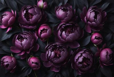 The primary subject of the image is a group of purple flowers, which are the main objects in the scene. The flowers are arranged in a visually appealing manner, creating a sense of depth and beauty. The setting is a dark background, which contrasts with the vibrant purple flowers, adding to the overall mood of the image. The visual style of the image is a combination of photo and digital art, resulting in a realistic yet artistic representation of the flowers.