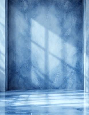 The primary subject of the image is a window with a blue frame. The setting is a room with a blue wall, and the visual style is a photo. The colors and mood of the image are predominantly blue, creating a calm and serene atmosphere.
