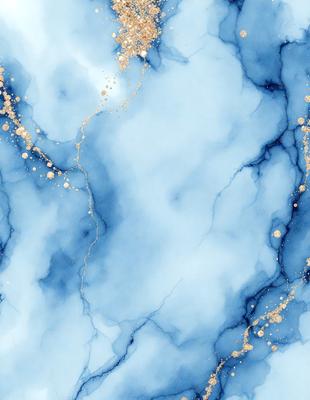 The primary subject of the image is a blue marble-like surface with gold specks. The setting is a blue and gold marble-like surface, which gives the image a unique and visually appealing appearance. The visual style is a combination of a photo and digital art, creating a striking and eye-catching image. The dominant colors are blue and gold, giving the image a luxurious and elegant mood.