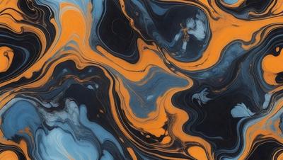 The primary subject of the image is a close-up of a blue and orange swirling pattern, which appears to be a painting or a digital artwork. The setting is a black and white background, which contrasts with the vibrant colors of the swirling pattern. The visual style is a mix of artistic and digital elements, creating a unique and captivating image. The dominant colors are blue and orange, which evoke a sense of energy and movement.