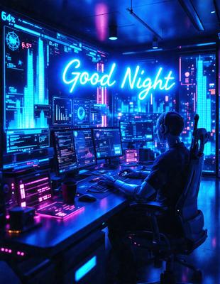 The primary subject of the image is a man sitting at a desk in front of a computer. He is wearing headphones and appears to be working or playing on the computer. The setting is a room with a desk and a computer monitor. The visual style is a digital art or illustration, with a blue and pink color scheme that creates a calm and relaxing atmosphere.