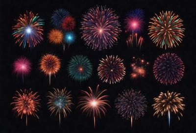 The primary subject of the image is a collection of fireworks, showcasing various shapes, sizes, and colors. The fireworks are set against a dark background, creating a dramatic and visually striking scene. The visual style of the image is a combination of photo and digital art, as it captures the vibrant colors and intricate patterns of the fireworks. The overall atmosphere of the image is festive and celebratory, with the fireworks representing a joyful and lively event.