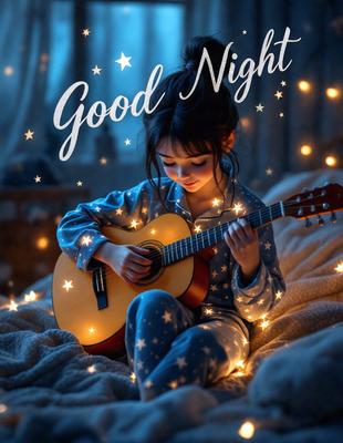 The primary subject of the image is a young girl playing a guitar. She is sitting on a bed, which serves as the setting and background of the scene. The visual style of the image is a combination of photo and digital art, creating a unique and artistic representation of the girl playing the guitar. The colors and mood of the image are warm and inviting, with the girl's smile and the glowing lights adding a sense of joy and creativity to the scene.