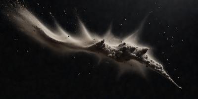 The primary subject of the image is a close-up of a powdery substance, possibly flour or sand, being blown or scattered. The setting is a dark background, which contrasts with the powdery substance. The visual style appears to be a digital art or illustration, as the powdery substance is depicted in a detailed and artistic manner. The colors and mood of the image are predominantly dark, with the powdery substance being the main focus and source of contrast.