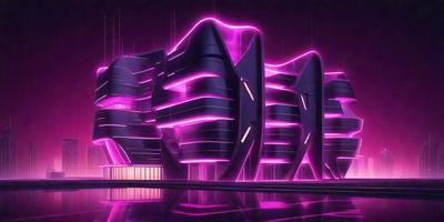 The primary subject of the image is a futuristic building with a purple glow. The setting is a cityscape, and the visual style is a digital art or illustration. The colors and mood of the image are predominantly purple, creating a unique and captivating atmosphere.