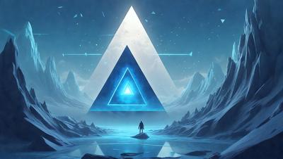 The primary subject of the image is a blue triangle, which is the main object, scene, or focus of the image. The setting or background features a snowy mountain, creating a cold and icy atmosphere. The visual style of the image is digital art, as it is a computer-generated or digitally created piece. The dominant colors in the image are blue and white, with the blue triangle being the most prominent feature.