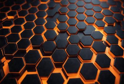 The primary subject of the image is a close-up of a black and orange honeycomb pattern. The setting is a black background, which contrasts with the honeycomb pattern. The visual style is a close-up of a honeycomb pattern, which gives a sense of depth and texture to the image. The dominant colors are black and orange, creating a bold and striking visual effect.