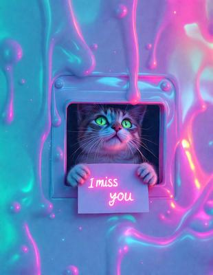 The primary subject of the image is a cat holding a sign that reads "I miss you." The cat is positioned in a window, and the setting includes a pink and blue background. The visual style of the image is a digital art or illustration, with the cat and the sign being the main focus. The colors and mood of the image are predominantly pink and blue, creating a warm and nostalgic atmosphere.