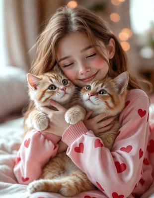 The primary subject of the image is a young girl holding two cats. The setting is a bedroom, with a bed visible in the background. The visual style is a photo, capturing the girl's tender moment with the cats. The colors are warm and inviting, with the girl's pink shirt and the cats' orange fur creating a cozy and affectionate atmosphere.