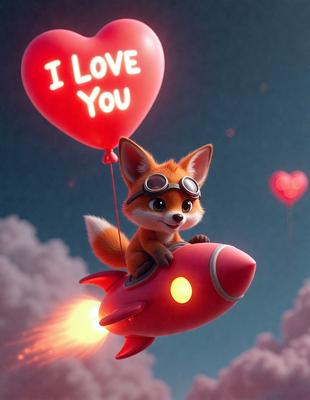 The primary subject of the image is a cartoon fox sitting in a rocket ship. The setting is a cloudy sky, and the visual style is digital art. The colors are predominantly red and white, giving the image a warm and playful atmosphere.