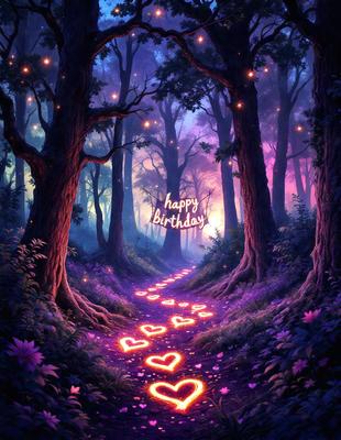 The primary subject of the image is a pathway lined with hearts, which is set in a forest. The visual style of the image is digital art, and the dominant colors are purple and pink, creating a warm and romantic atmosphere.