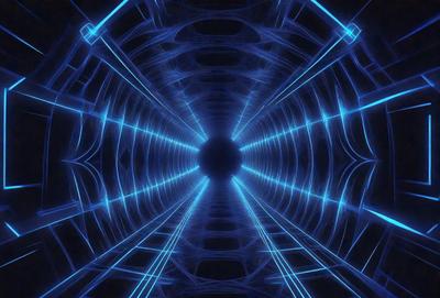 The primary subject of the image is a tunnel-like structure with a blue light illuminating it. The tunnel appears to be a part of a larger, interconnected network of tunnels. The setting is a dark, enclosed space, and the visual style is a combination of digital art and illustration. The dominant colors in the image are blue and black, creating a moody and mysterious atmosphere.