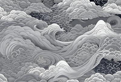 The primary subject of the image is a large wave, which is the main focus of the scene. The wave is depicted in a silver or metallic color, giving it a unique and artistic appearance. The setting is a cloudy sky, which serves as the backdrop for the wave. The visual style of the image is a combination of digital art and illustration, creating a dynamic and captivating scene. The overall atmosphere of the image is one of power and beauty, as the wave dominates the scene and the cloudy