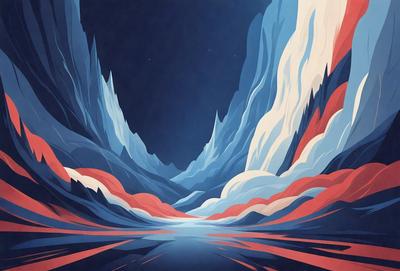 The primary subject of the image is a mountain range with a blue sky in the background. The setting is a mountainous landscape, and the visual style is a combination of digital art and illustration. The dominant colors are blue and red, creating a vibrant and dynamic atmosphere.