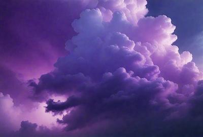 The primary subject of the image is a large, purple cloud with a white, fluffy appearance. The cloud is the main focus of the image, and it is set against a dark, stormy sky. The visual style of the image is a combination of photo and digital art, creating a dramatic and moody atmosphere. The dominant colors in the image are purple and white, with the purple cloud being the most prominent feature.