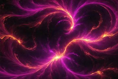 The primary subject of the image is a purple and orange swirling pattern, which appears to be a digital art or illustration. The setting is a dark background, and the visual style is a combination of digital art and illustration. The dominant colors in the image are purple and orange, creating a vibrant and energetic atmosphere.