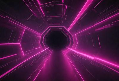 The primary subject of the image is a tunnel-like structure with a pink lighting effect. The tunnel appears to be a part of a larger, more complex structure. The setting is a dark environment, and the visual style is a combination of digital art and illustration. The dominant colors in the image are pink and purple, creating a unique and visually striking atmosphere.