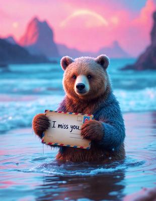 The primary subject of the image is a large brown teddy bear holding a cardboard sign that reads "I miss you." The setting is a beach, with the bear standing in the water. The visual style is a digital art illustration, creating a warm and nostalgic atmosphere. The colors are predominantly shades of brown and blue, reflecting the beach environment and the bear's fur.