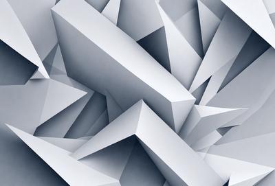 The primary subject of the image is a large, three-dimensional structure made of white blocks. The setting is a gray background, which contrasts with the white blocks. The visual style is a combination of digital art and illustration, creating a unique and intricate design. The colors and mood of the image are predominantly white and gray, giving it a clean and minimalist appearance.