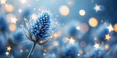 The primary subject of the image is a blue flower with a long stem. The setting is a blue background, which creates a contrasting and visually appealing effect. The visual style is a combination of a photo and digital art, as the flower appears to be a digital illustration. The dominant colors are blue and white, giving the image a calm and serene atmosphere.