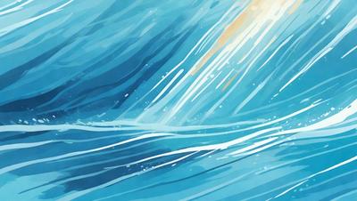 The primary subject of the image is a large wave in the ocean. The wave is blue and white, and it appears to be crashing onto the ocean floor. The setting is the ocean, with the wave being the main focus of the image. The visual style is a combination of digital art and illustration, creating a dynamic and vibrant scene. The dominant colors are blue and white, with the blue wave and white ocean floor creating a sense of depth and movement.