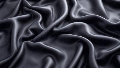 The primary subject of the image is a close-up of a black fabric, possibly a piece of leather or a silk material. The setting is a dark background, which emphasizes the fabric's texture and appearance. The visual style is a close-up, focusing on the details of the fabric. The colors and mood of the image are predominantly dark, with the black fabric being the main focus.