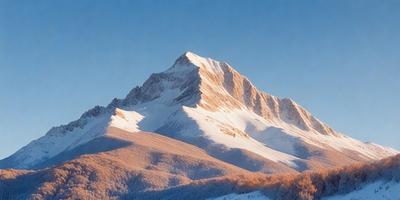 The primary subject of the image is a snow-covered mountain. The mountain is the main focus of the image, and it is set against a backdrop of a clear blue sky. The visual style of the image is a photo, capturing the beauty of the mountain and its surroundings. The colors in the image are predominantly white and blue, creating a serene and peaceful atmosphere.