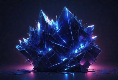 The primary subject of the image is a large, blue, crystal-like structure, possibly a piece of art or a futuristic design. The setting is a dark background, which contrasts with the bright blue color of the crystal. The visual style appears to be a combination of digital art and illustration, creating a unique and captivating scene. The overall atmosphere is one of intrigue and wonder, as the viewer is drawn to the striking blue crystal amidst the darkness.