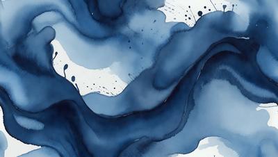 The primary subject of the image is a blue and white painting of a wave. The setting is a white background, and the visual style appears to be a watercolor painting. The dominant colors are blue and white, creating a serene and calming atmosphere.